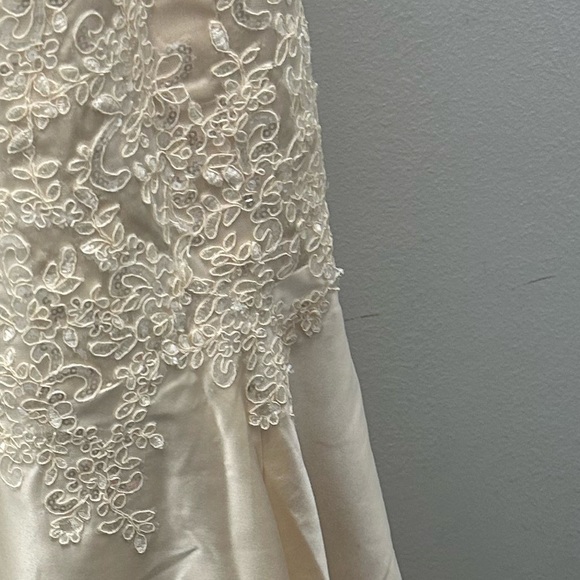 Champagne color gown with an Appliqué bodice, sweep train, scalloped bottom. - Picture 8 of 10